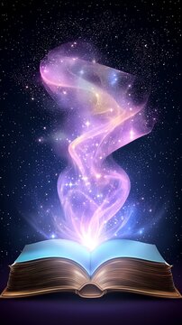 Radiant Purple Embrace Enchanted Book with Magical Light and Starry Background