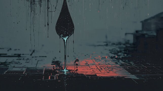 Black liquid drop dripping onto glowing red and teal digital grid ground in rainy atmosphere for abstract technology concepts
