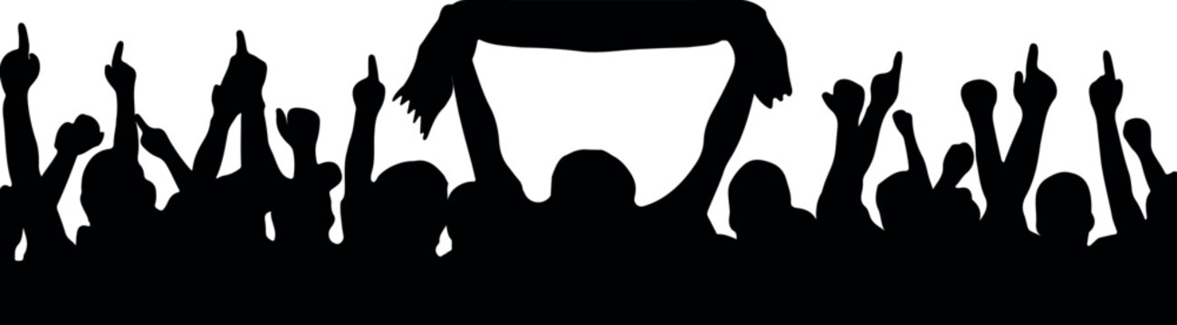 Crowd of people silhouette cheering fans at of people silhouette, happy cheering group people together with scarf, football fans stadium or concert event