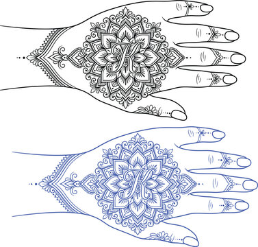 Henna Mehndi Tattoo Design on Female Hand Vector, Traditional Floral Mandala Art