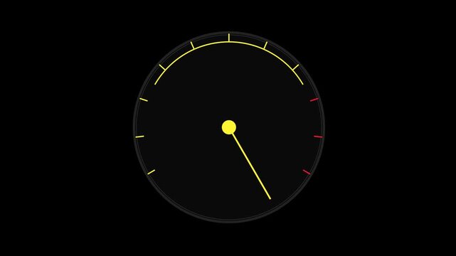 Minimalist analog speedometer gauge animation with moving needle on 4k black background, tachometer dashboard