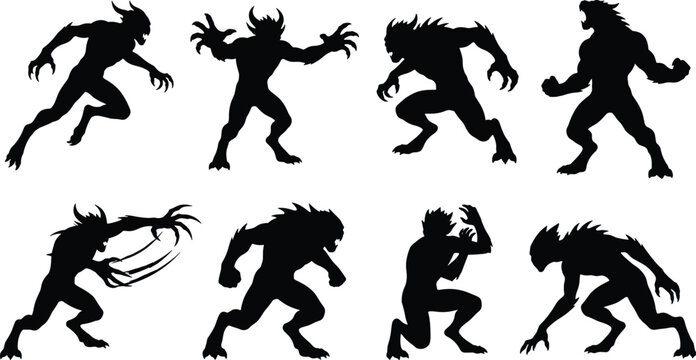 Black Silhouette Collection of Werewolves and Beast Monsters in Action Poses