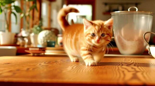 cat walk on  the table on the table video in 4K resolution 