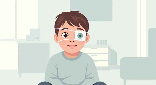 Boy with eye patch smiling, vision therapy, amblyopia treatment