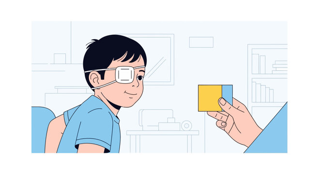 Child with eye patch receives vision test, doctor holds colored squares