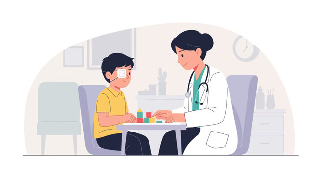 Doctor examining child's eye with patch in medical office, playing with blocks