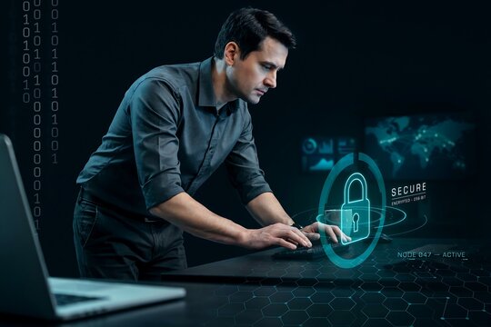 Security specialist monitoring secure server network with glowing digital padlock interface