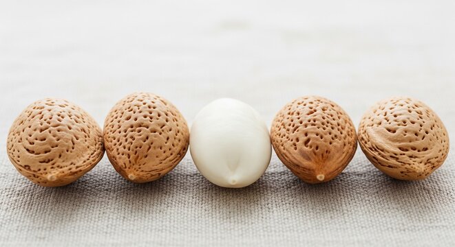 A horizontal line of four textured almond shells with one smooth white peeled almond right in the middle on a linen cloth