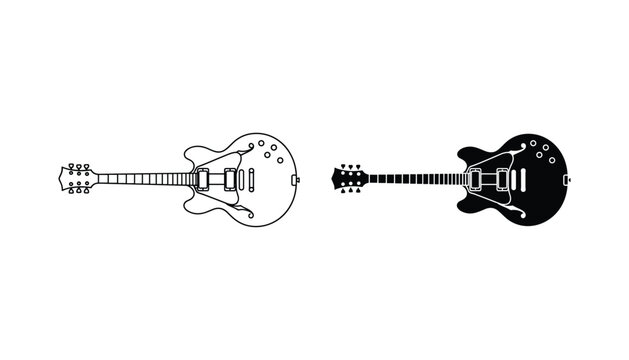 Electric guitar vector icon isolated on white Black and white outline line art and solid glyph silhouette