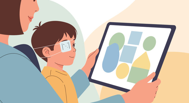 Child with eye patch using tablet for vision therapy with parent