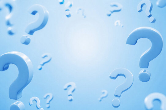 Floating 3D question marks on blue gradient background with copy space, FAQ concept