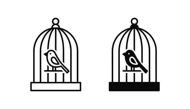 Bird in cage vector icon isolated on white Black and white outline line art and solid glyph silhouette