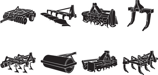 Obraz premium Tractor towable tillage machinery disc harrows and heavy soil cultivators vector silhouette icons set