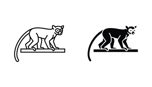 Lemur vector icon isolated on white Black and white outline line art and solid glyph silhouette