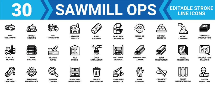Set of 30 sawmill operations line icons featuring wood processing lumber production and logging tasks Minimal stroke liner icon set bundle collection. Editable Vector Illustration Mega pack