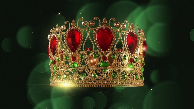 Royal seamless loop of a luxury king crown decorated with big precious gemstones. Golden majestic tiara sparkling against a soft elegant curtain background, concept for royalty, wealth and success.