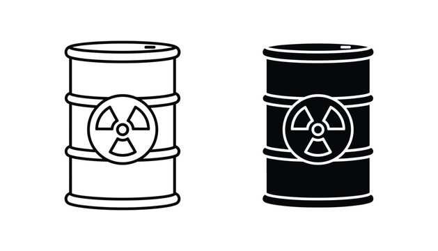Nuclear waste barrel vector icon isolated on white Black and white outline line art and solid glyph silhouette