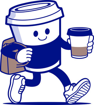 A cute cartoon character of a coffee cup walking and holding a coffee cup in hand, carrying a brown paper bag over the shoulder. The character is wearing a blue shirt, blue pants, and white shoes
