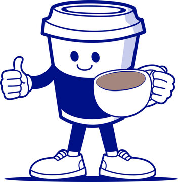 A cartoon coffee cup character giving a thumbs up and holding a cup of coffee