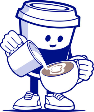 A cute cartoon coffee cup character pouring milk into a hot beverage. The character is smiling and has its hands full holding a cup and a milk jug