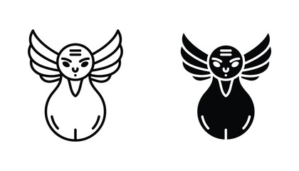 Obraz premium Winged deity vector icon isolated on white Black and white outline line art and solid glyph silhouette