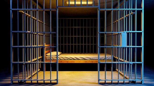 Empty prison cell with iron bars and a simple bed in a dark facility