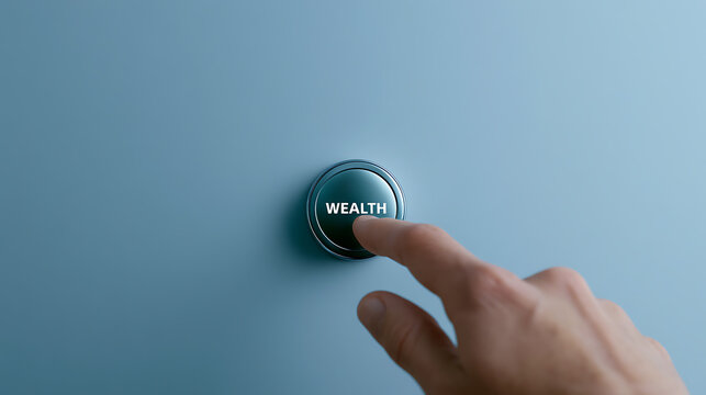 A hand presses a dark, circular button with the word "WEALTH" on it, set against a minimalist light blue background, symbolizing financial aspiration