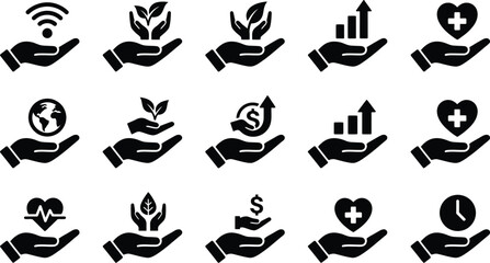 Obraz premium Set of black hand icons holding various symbols like plants hearts money and growth charts for business and medical use