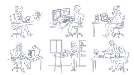 Obraz premium Modern office workspace and ergonomic desk line illustrations.