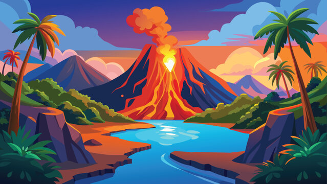 Volcano erupting with lava flow in lush tropical jungle during sunset with palm trees