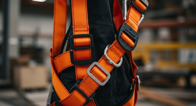 A dark, durable safety harness with metal buckles, designed for fall protection.Concept of occupational safety and personal protection.