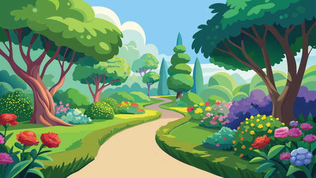 Whimsical inverted landscape with lush trees and vibrant flowers during a clear day in vector illustration style