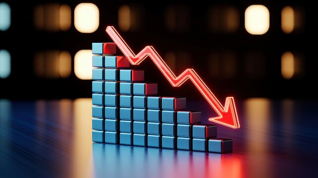 Business Financial Decline Chart with Red Downward Arrow
