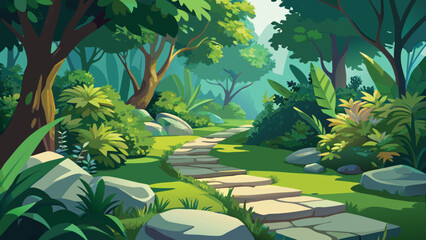 Lush jungle foliage with rocks and sunlight during daytime in a vibrant vector illustration style © CreativeKamrul