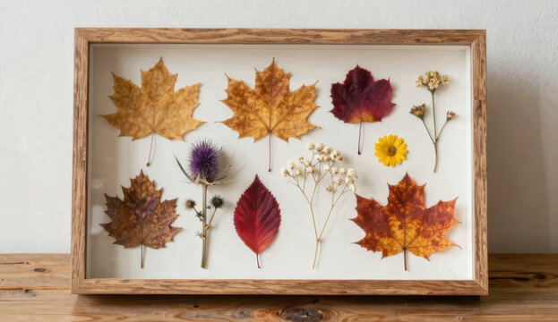 Herbarium set with pressed autumn leaves and dried flowers