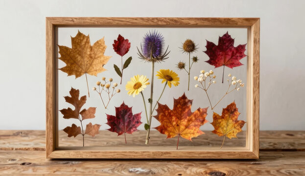 Herbarium set with pressed autumn leaves and dried flowers