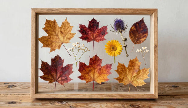 Herbarium set with pressed autumn leaves and dried flowers