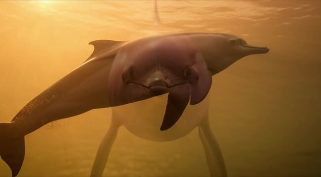 Golden underwater shot of a playful dolphin swimming towards the camera in warm sunset light with tiny bubbles.