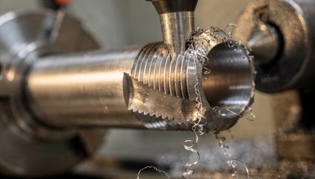 Closeup medium shot of a metal pipe end being finely machined to create precise NPTstyle tapered threads for secure pipe fittings in industrial applications.