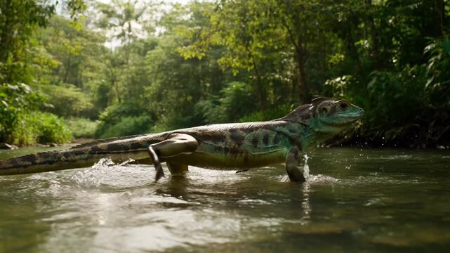 Green basilisk lizard running across the surface of a tropical jungle river with tracking camera side movement