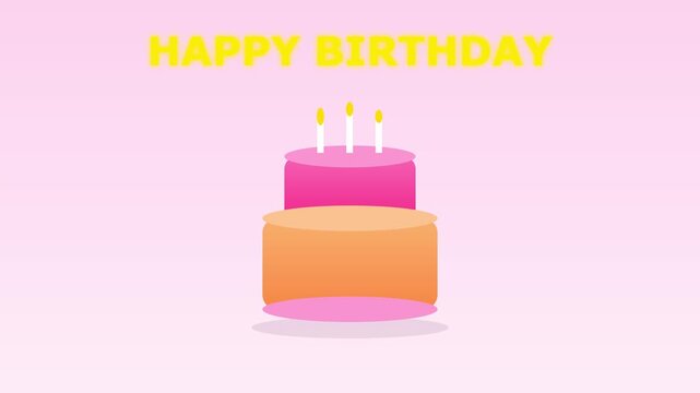 Happy birthday celebration animation with three pink layered cakes and flickering candles on pastel background