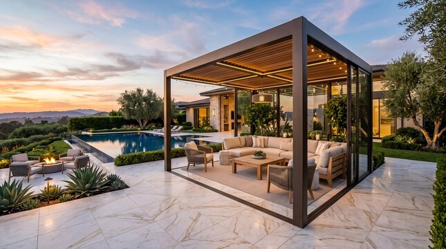 ultra luxury backyard with custom designer gazebo, marble flooring, high-end outdoor furniture
