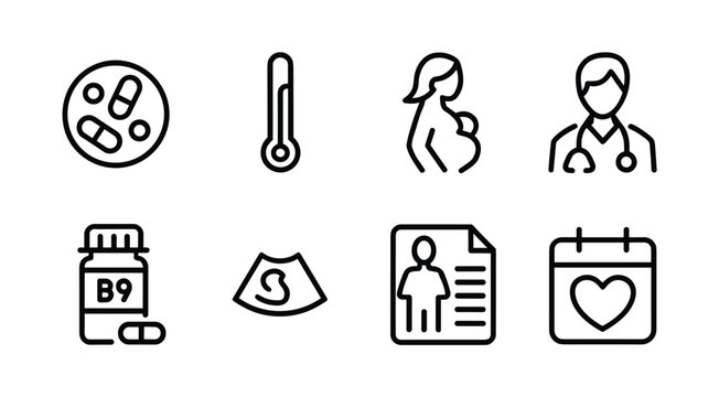 Pregnancy and Maternity Icons: A set of minimalist line art icons illustrating key aspects of pregnancy, childbirth, and healthcare. Medical symbols, prenatal care, expecting mother, doctor.