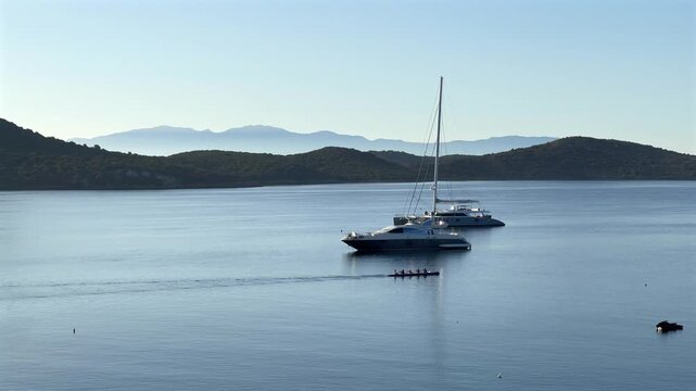 A wide, peaceful view of a calm blue bay featuring anchored luxury yachts, a rowing team in a scull boat, and scenic rolling hills beneath a clear morning sky.