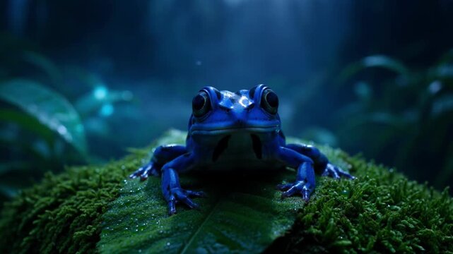 A static close up shot of a blue poison dart frog on moss in a dark moonlit tropical rainforest with blue mist