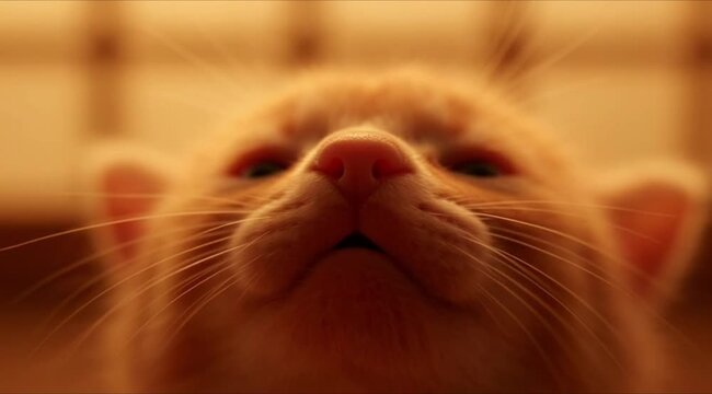 Macro of a cute ginger kitten face with long whiskers in warm golden glow. Static indoor animal portrait shot.
