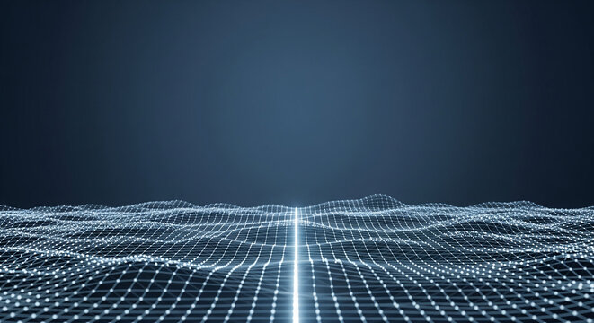 Abstract digital wave background, futuristic technology grid, glowing data network, modern science and communication concept, dark blue backdrop for innovation and connectivity