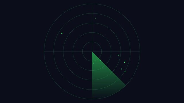 Digital radar screen scanning motion with blips and target detection animation 4k sonar