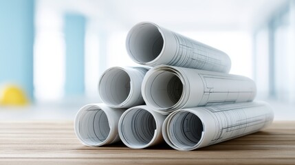 Fototapeta premium Architectural blueprints rolled up stacked on wooden desk