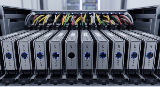 A row of silver hard drives or server modules installed in a data center slot with colorful cables connected at the top